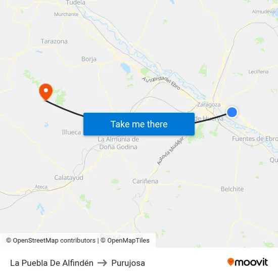 La Puebla De Alfindén to Purujosa map
