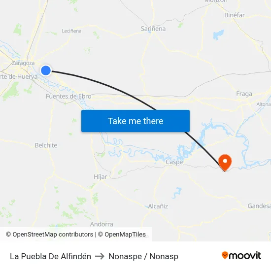 La Puebla De Alfindén to Nonaspe / Nonasp map
