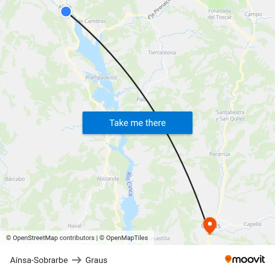 Aínsa-Sobrarbe to Graus map