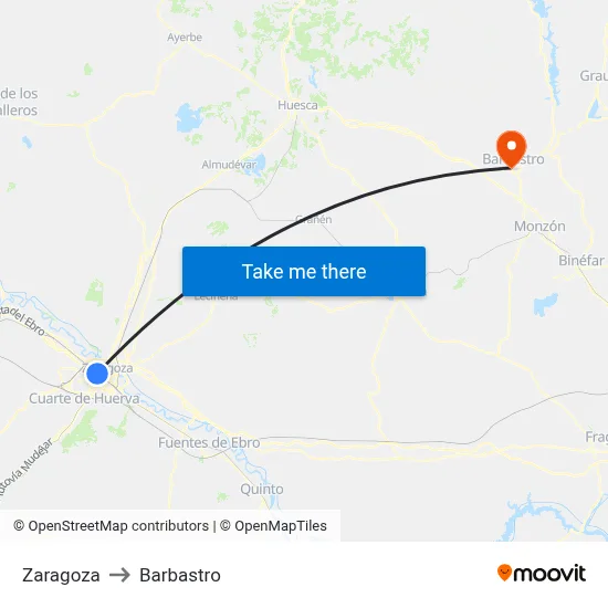 Zaragoza to Barbastro map