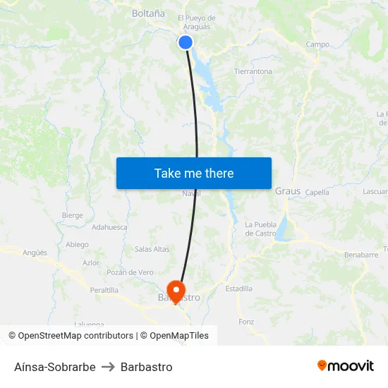 Aínsa-Sobrarbe to Barbastro map