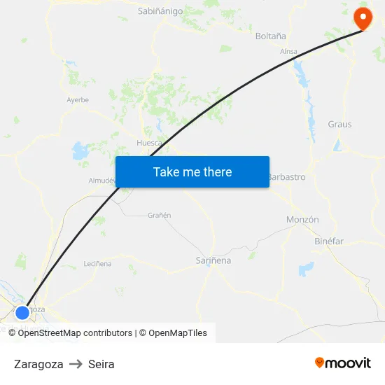 Zaragoza to Seira map