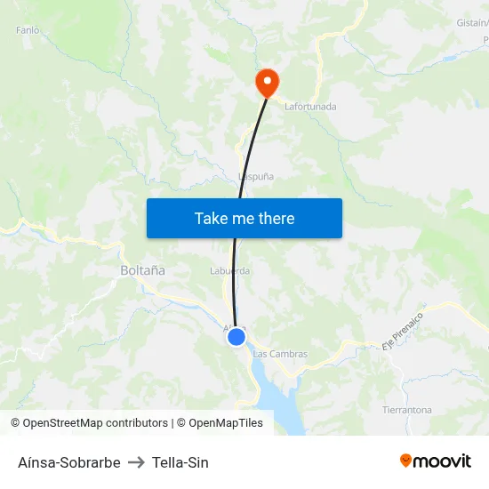 Aínsa-Sobrarbe to Tella-Sin map