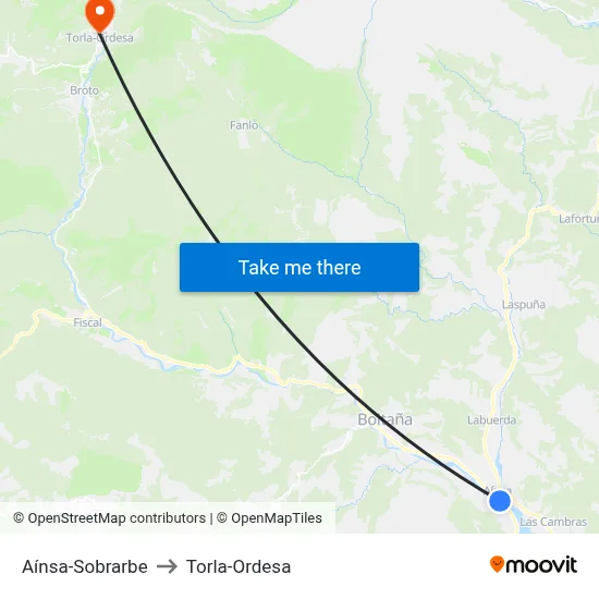 Aínsa-Sobrarbe to Torla-Ordesa map