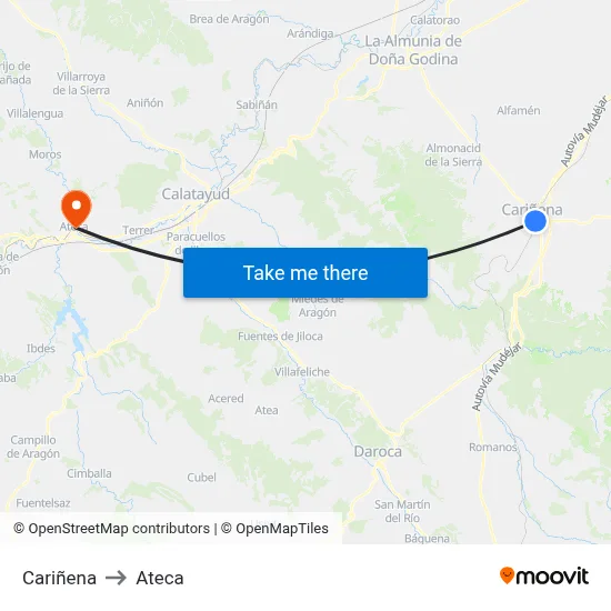 Cariñena to Ateca map