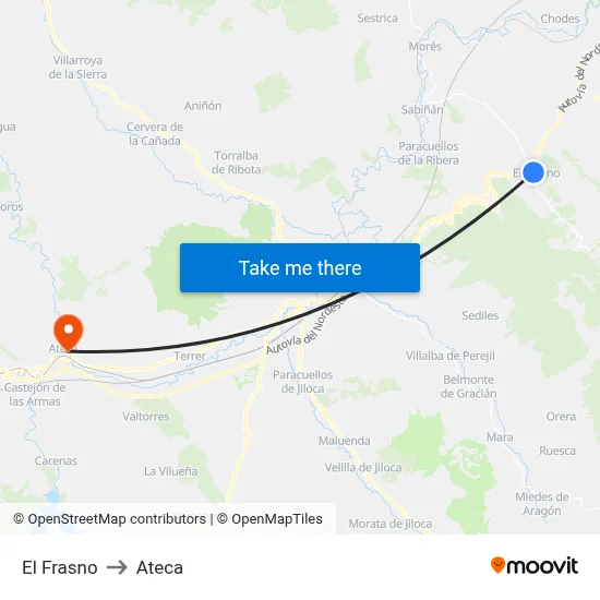 El Frasno to Ateca map