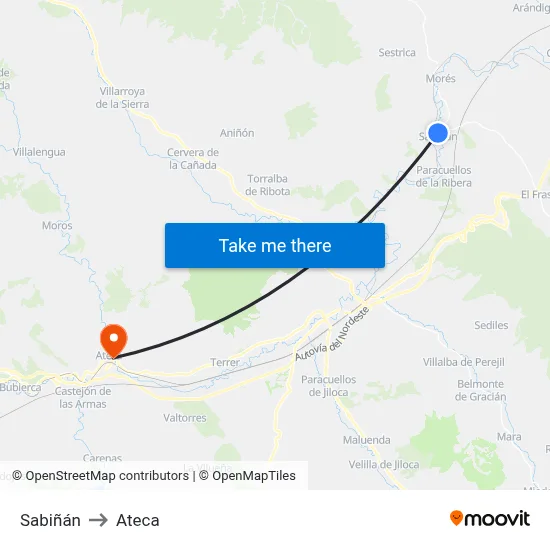 Sabiñán to Ateca map