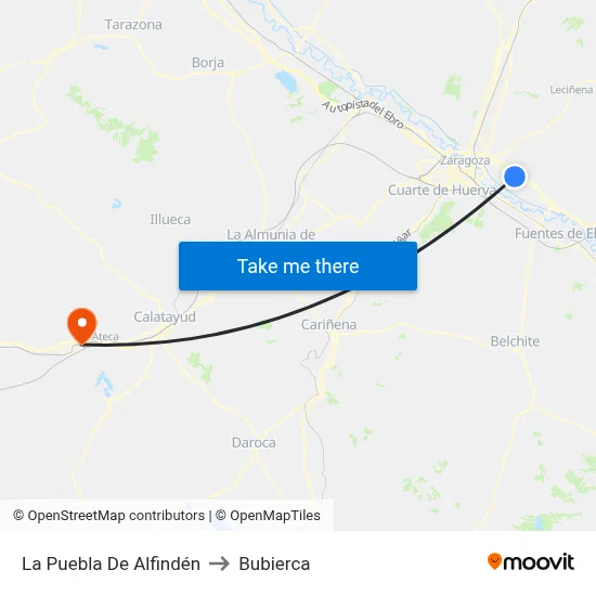 La Puebla De Alfindén to Bubierca map
