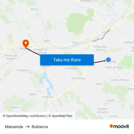 Maluenda to Bubierca map