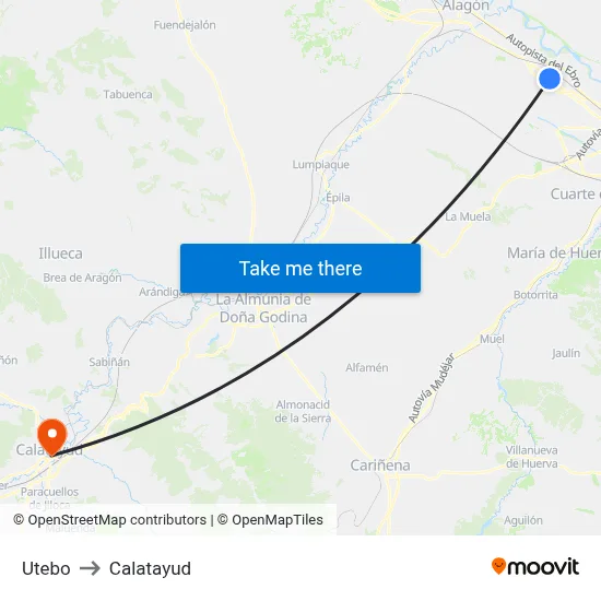 Utebo to Calatayud map
