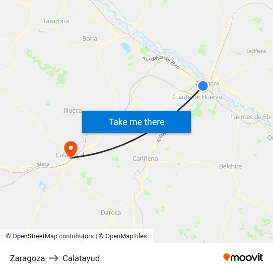 Zaragoza to Calatayud map