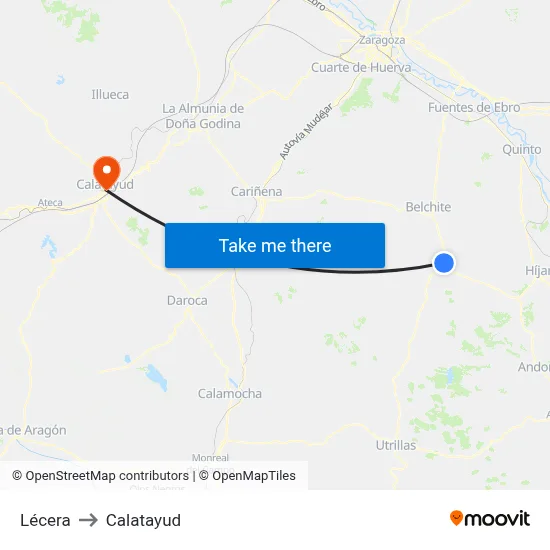 Lécera to Calatayud map