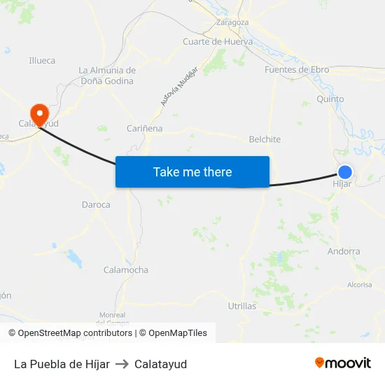 La Puebla de Híjar to Calatayud map
