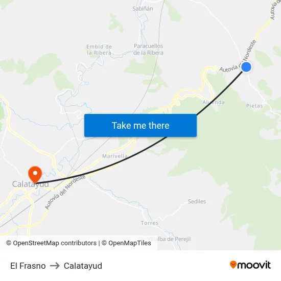 El Frasno to Calatayud map