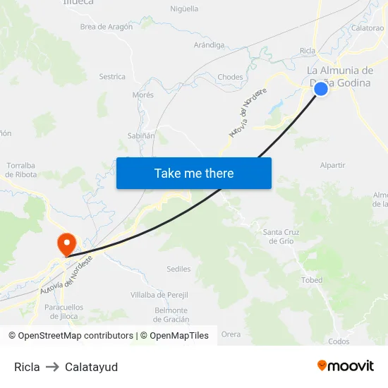 Ricla to Calatayud map