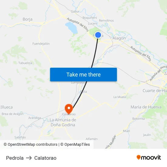 Pedrola to Calatorao map