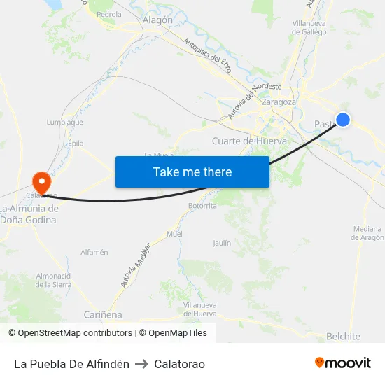La Puebla De Alfindén to Calatorao map