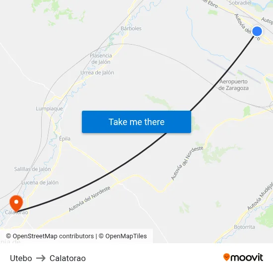 Utebo to Calatorao map