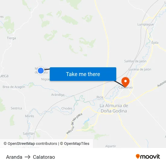 Aranda to Calatorao map