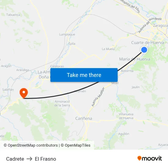 Cadrete to El Frasno map