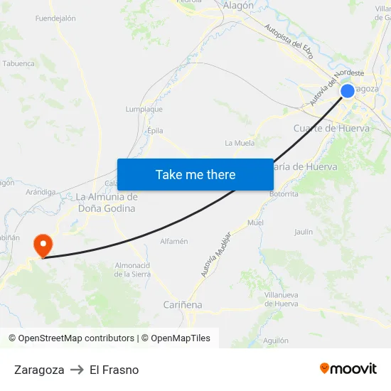 Zaragoza to El Frasno map