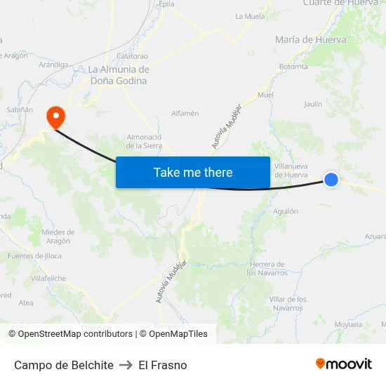 Campo de Belchite to El Frasno map