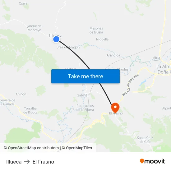 Illueca to El Frasno map