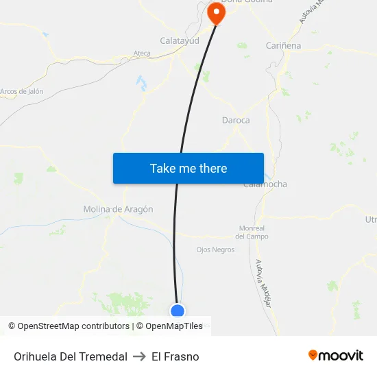 Orihuela Del Tremedal to El Frasno map