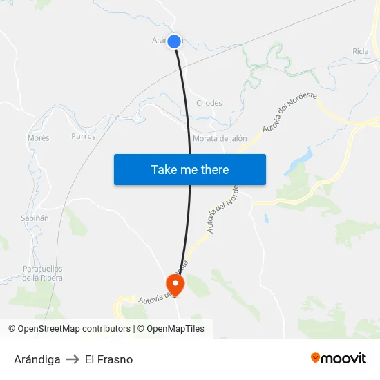 Arándiga to El Frasno map