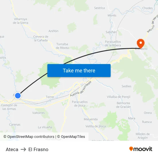 Ateca to El Frasno map