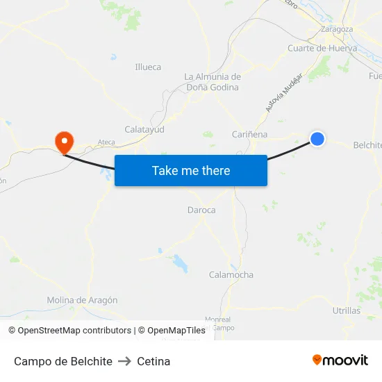 Campo de Belchite to Cetina map
