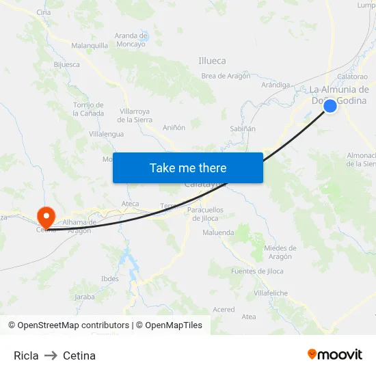 Ricla to Cetina map