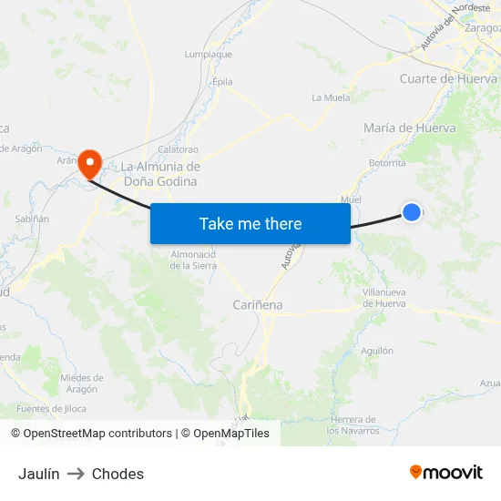 Jaulín to Chodes map