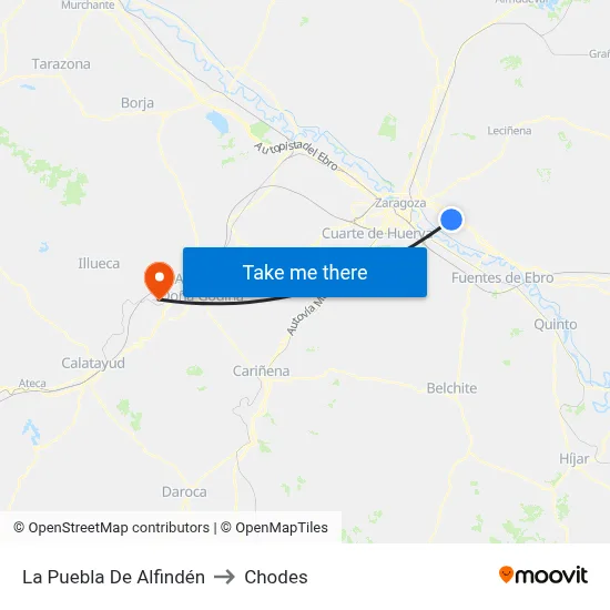 La Puebla De Alfindén to Chodes map