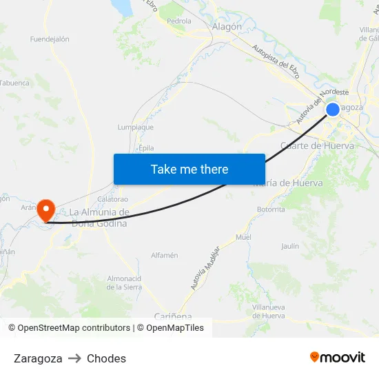 Zaragoza to Chodes map