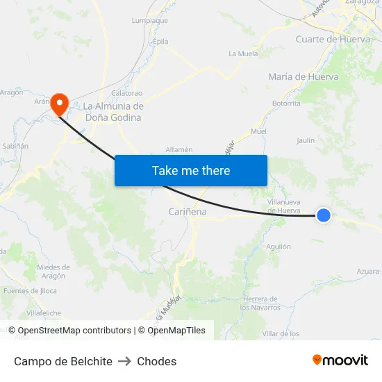 Campo de Belchite to Chodes map