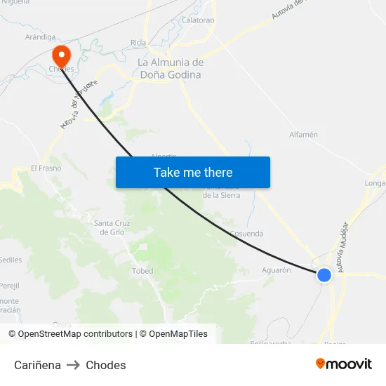 Cariñena to Chodes map