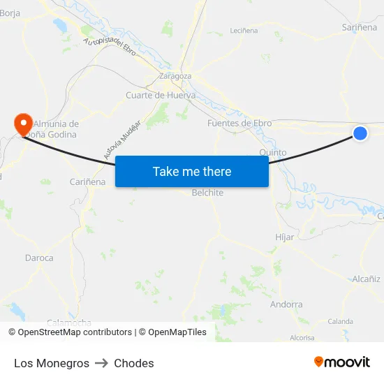 Los Monegros to Chodes map