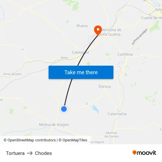 Tortuera to Chodes map