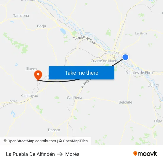 La Puebla De Alfindén to Morés map