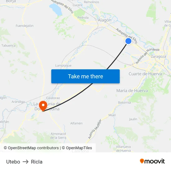 Utebo to Ricla map