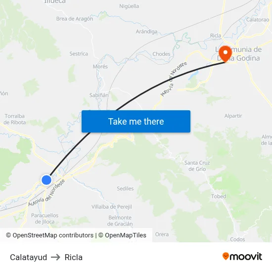 Calatayud to Ricla map