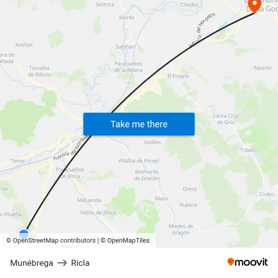 Munébrega to Ricla map