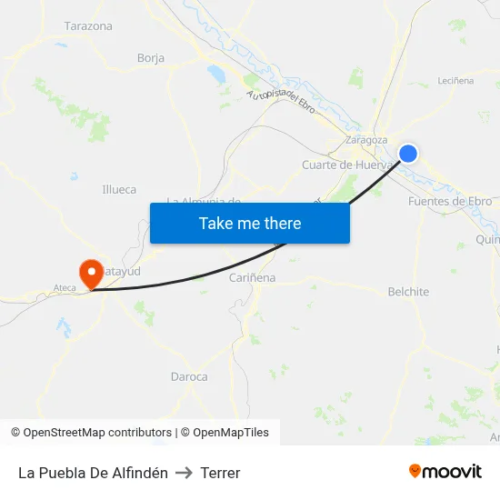 La Puebla De Alfindén to Terrer map