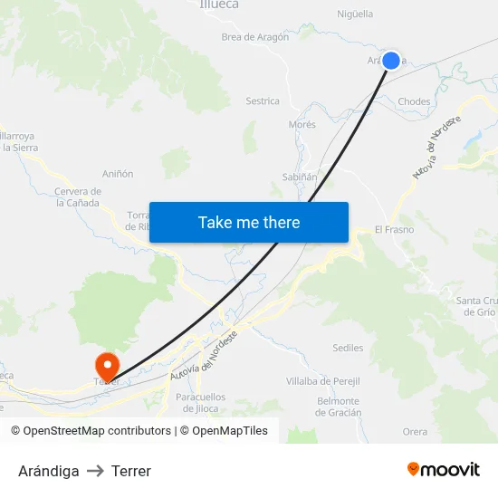 Arándiga to Terrer map