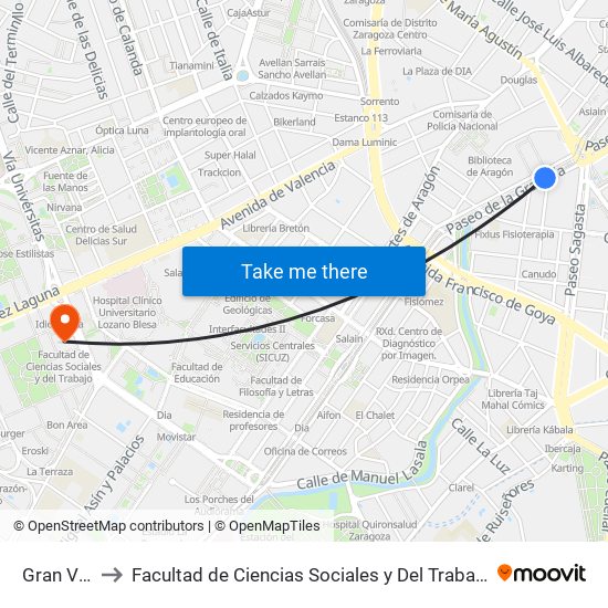 Gran Vía to Facultad de Ciencias Sociales y Del Trabajo map