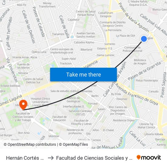 Hernán Cortés N. º 10 to Facultad de Ciencias Sociales y Del Trabajo map