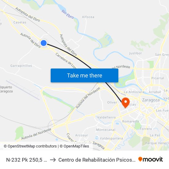 N-232 Pk 250,5 - Alcampo Utebo to Centro de Rehabilitación Psicosocial Nuestra Señora Del Pilar map