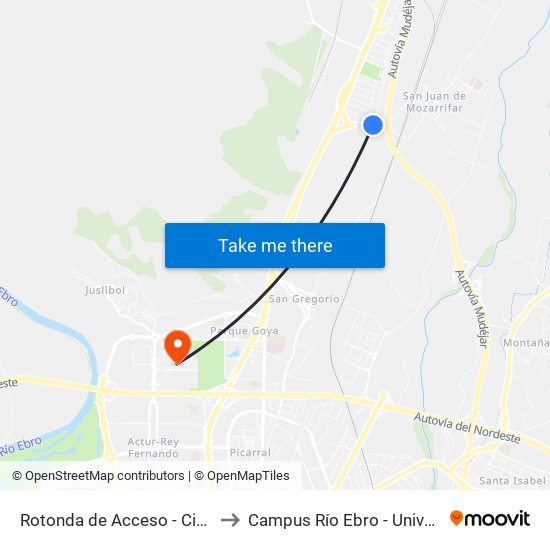 Rotonda de Acceso - Ciudad Del Transporte to Campus Río Ebro - Universidad de Zaragoza map