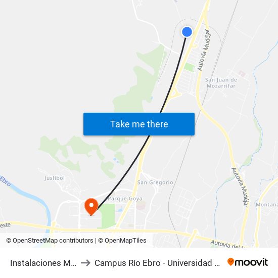 Instalaciones Militares to Campus Río Ebro - Universidad de Zaragoza map